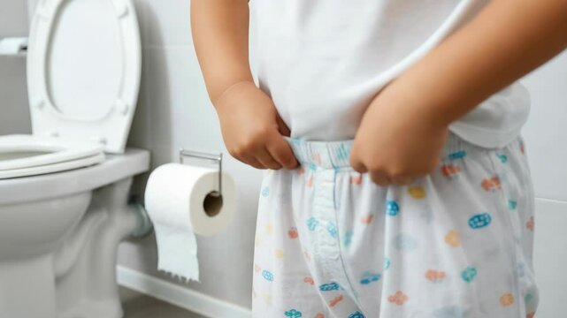 Child in pajamas near toilet, learning hygiene