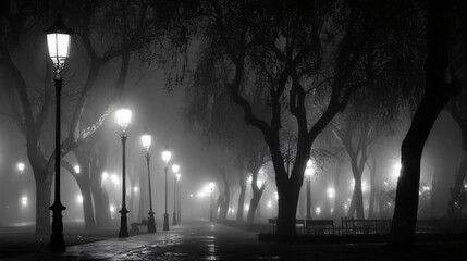 Foggy City Street at Night with Silhouetted Trees and Lit Lamps