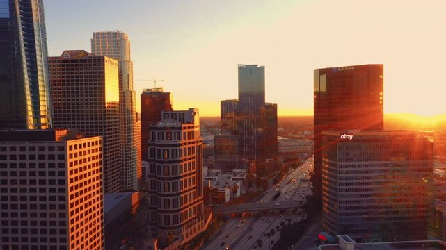 4K drone Video of downtown Los Angeles during sunset as a stablishing shot 4K