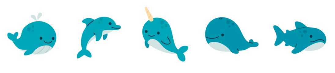 Blue-toned marine mammals horizontal set with whales, narwhal, dolphin, and shark with soft, rounded design