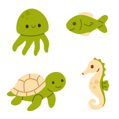 Square bundle of green sea creatures including jellyfish, fish, turtle, and seahorse, ideal for kids’ content