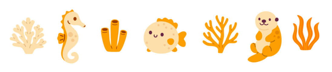 Coral reef themed set including corals, sea plants, otter, seahorse, and pufferfish with ocean elements for nature-focused kids’ content