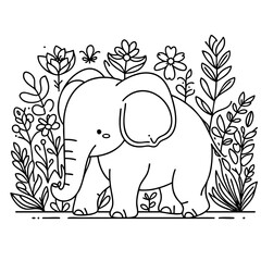 Obraz premium Adorable Elephant in a Flower Garden Line Art Drawing