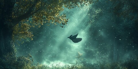 Obraz premium Solitary bird soars through a mystical forest illuminated by ethereal light