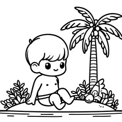 Cute Boy Relaxing on Tropical Beach  Summer Fun, Island Paradise, Cartoon Illustration