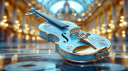 Elegant Blue Violin with Ornate Golden Details in Luxurious Interior