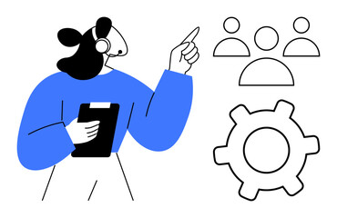 Headset-wearing woman holding a clipboard and pointing, with team and gear icons. Ideal for teamwork, management, communication, customer support, call center, decision-making, flat simple metaphor