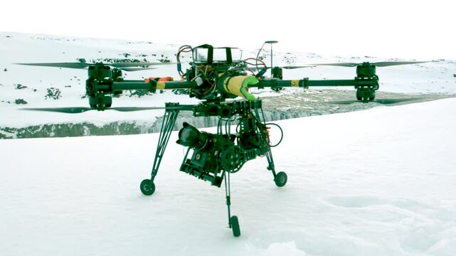 Large, high tech drone taking off with RED camera near Iceland waterfall, super slow motion at 1000 FPS