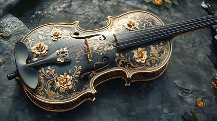 Ornate Black Violin with Golden Floral Engravings on a Stone Surface