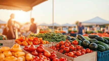 Vibrant farmers market stand showcasing colorful organic produce and promoting local food movement, set against a bright, open-air outdoor background