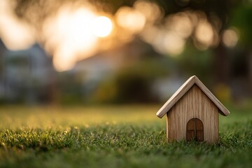 Wooden Miniature House on Grass at Sunset