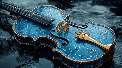 Blue Violin Resting in the Rain with Water Droplets on the Surface