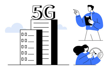 Towering building with 5G label, professional man with clipboard, and woman examining radar. Ideal for innovation, connectivity, telecommunications, research, analysis, urban progress future