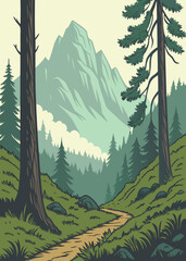 Serene Mountain Landscape Illustration with Hiking Trail Evergreen Trees and Misty Peaks perfect for outdoor adventure nature and travel themed designs and promotional materials