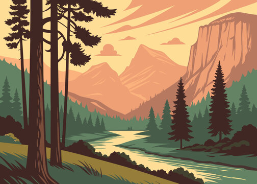 Stylized Landscape Illustration of a Mountain River Valley with Evergreen Trees Cliffs and a Warm Sky Evoking a Sense of Adventure and Natural Beauty in a Retro Style