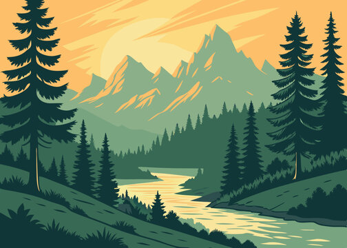 Scenic mountain landscape illustration featuring a winding river evergreen trees and a warm sunset rendered in a stylized vector art style with a muted color palette