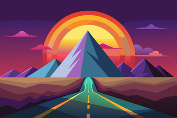 Stylized Mountain Landscape with Road and Sunset Featuring Geometric Shapes and Vibrant Colors Suitable for Travel Adventure or Nature Themed Designs with a Modern and Artistic Aesthetic