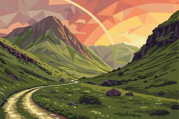 Low Poly Mountain Valley Landscape with Winding Road Green Grass and a Colorful Sky at Sunset creating a serene and artistic outdoor scene with geometric shapes