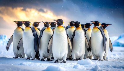 Fototapeta premium Group of penguins in winter environment snowy with ice