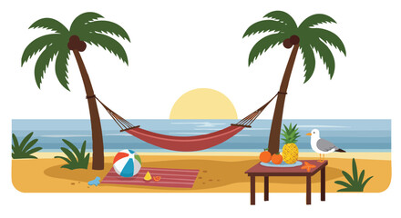 Obraz premium Tropical beach hammock between palm trees with sunset sea view and summer relaxation scene vector illustration 