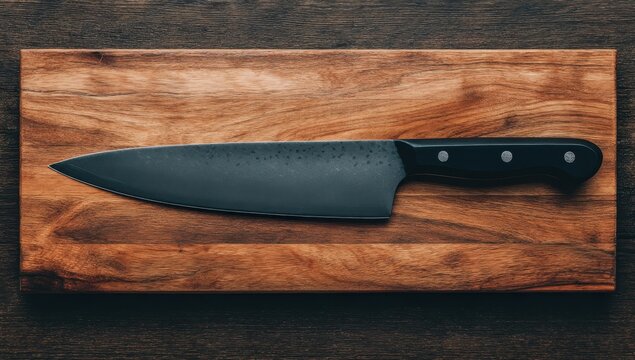 Black chef's knife rests on a rich brown wooden cutting board, atop a dark wood surface
