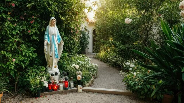 Statue of Virgin Mary in peaceful garden with candles and flowers
