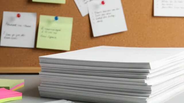 Stack of white paper on desk near bulletin board with notes, highlighting organized workspace theme