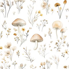 Watercolor Floral Mushroom Pattern