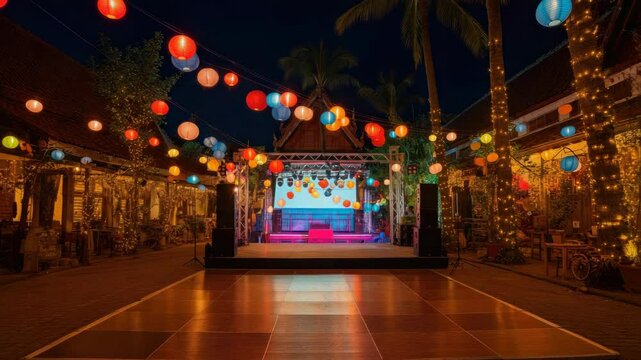 Outdoor stage decorated with colorful lanterns and lights during nighttime celebration