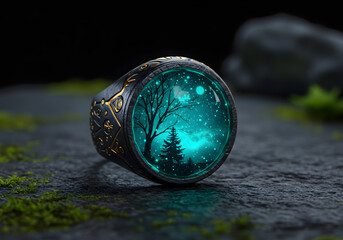 A beautiful, transparent crystal ring resting atop a black rocky mountain.

