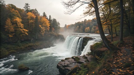 Waterfall cascading through autumn forest on an overcast day