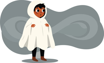 Obraz premium Child wearing white ghost costume for Halloween party celebration in spooky atmosphere vector illustration 