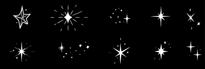 Hand drawn star sparkle shine doodle vector set with twinkle glow, spark glitter, and magic party light elements