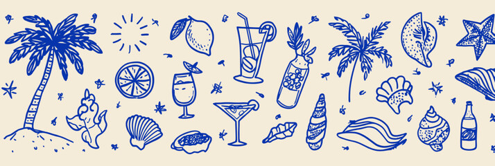 Hand Drawn Summer Illustration Set � Italian Dolce Vita with Palm Tree, Lemon, Cocktails, Sun, Sea, and Seashells Doodle Sketch Style