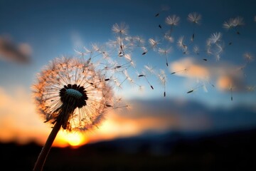Naklejka premium Dandelion Seeds Flying At Sunset