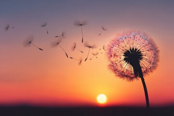 Naklejka premium Dandelion Silhouette At Colorful Sunset