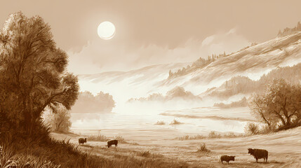 fine art calendar illustration | eternal nature | timeless beauty | sepia and blue | framed foreground | grazing animals | sun-drenched haze | atmospheric perspective | mythological countryside |