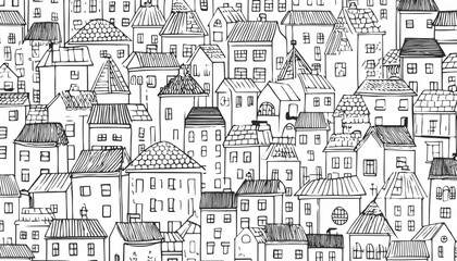 Whimsical Hand Drawn House Pattern � Doodle Sketch Seamless Background with Roof Designs � Charming Home Texture for Print & Wallpaper
