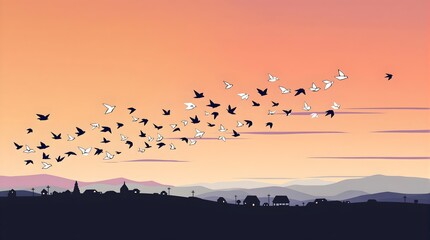 Flock of birds flying over landscape at sunset, symbolizing freedom, migration, and hope for World Refugee Day