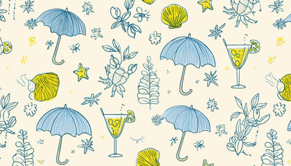 Italian Summer Seamless Pattern � Hand-Drawn Mediterranean Vacation Doodles with Beach Umbrellas, Shells and Cocktails