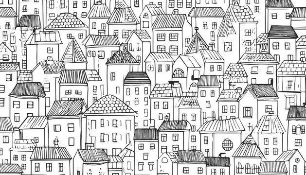 Whimsical Hand Drawn House Pattern � Doodle Sketch Seamless Background with Roof Designs � Charming Home Texture for Print & Wallpaper