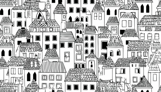 Whimsical Hand Drawn House Pattern � Doodle Sketch Seamless Background with Roof Designs � Charming Home Texture for Print & Wallpaper