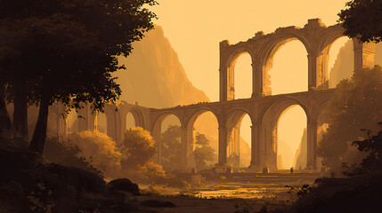 concept art for pastoral game | sunlit permanence | serene grandeur | gold and lavender | balanced symmetry | sunlit arches | soft architectural silhouette | chiaroscuro layering | golden age horizon
