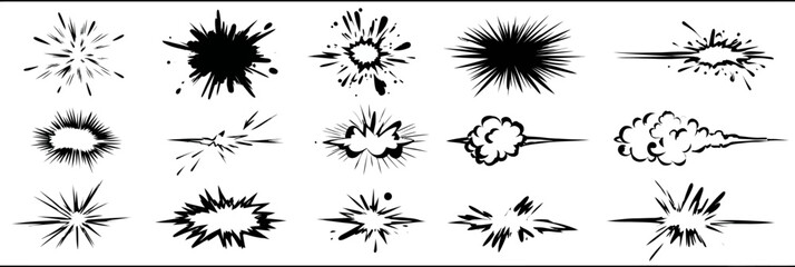 Line speed cartoon effect vector set with boom bursts, explosive smoke, and hand drawn doodle action motion lines