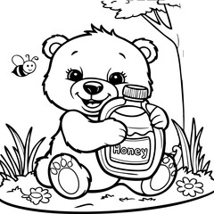 Adorable Cartoon Bear Hugging Honey Jar in Nature Coloring Page