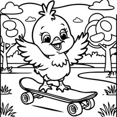 Happy Cartoon Chick Riding a Skateboard in the Park Coloring Sheet