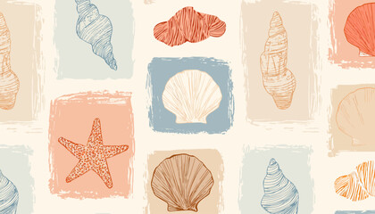 Minimalist Marine Seamless Pattern � Hand Drawn Seashells and Starfish in Frames for Tropical Beach Designs and Ocean-Themed Decor