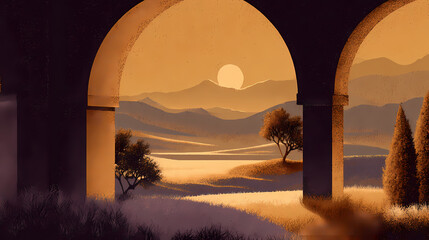 concept art for pastoral game | sunlit permanence | serene grandeur | gold and lavender | balanced symmetry | sunlit arches | soft architectural silhouette | chiaroscuro layering | golden age horizon