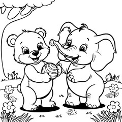 Cute Bear and Elephant Friends Sharing a Candy Treat in Nature Scene