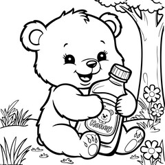 Happy Bear Hugging a Honey Bottle in a Cheerful Outdoor Coloring Page